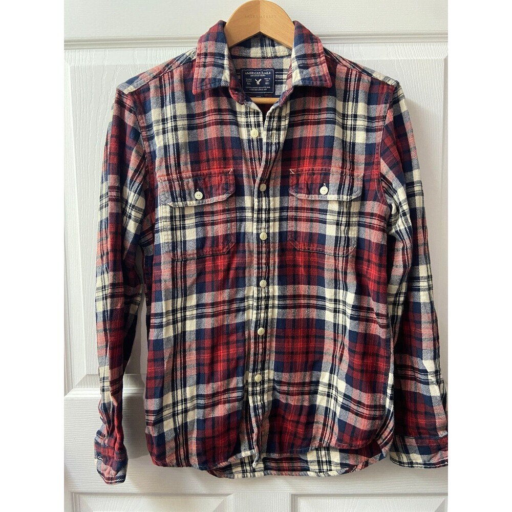 American Eagle Shirt Womens Small Red Blue Heavy Flannel Pockets Outdoors Comfy - Picture 10 of 11